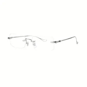 Bequeme randlose Damen Brille mit klaren Gläsern, silbernem Metallbügel und tollem Design.