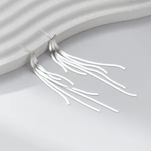 Close-up detail of sterling silver tassel snake bone chain earrings, elegant minimal drop design.