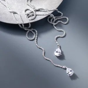 Close-up detail of the sparkling S925 silver double-layer necklace with waterdrop pendant.