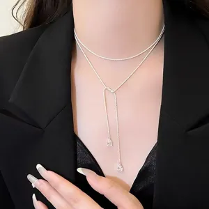 S925 silver double layer teardrop Y necklace elegant rhinestone choker jewelry for women