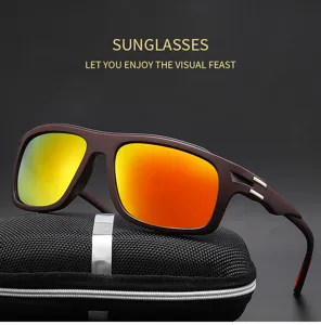 Close-up view of stylish sports sunglasses featuring vibrant colorful lenses and sturdy frame.