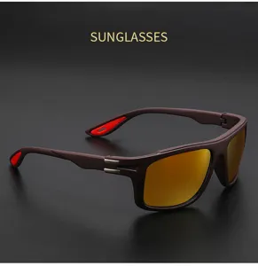 Detail view of sport sunglasses with colorful mirrored lenses and stylish frame design.