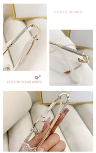 Detailansicht der rahmenlosen Damenlesebrille mit glitzernden Bügeln und goldenem Scharnier.