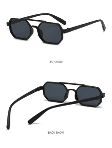 Detailansicht der trendigen schwarzen Doppelsteg-Sonnenbrille, die Bügel und Rahmen zeigt.