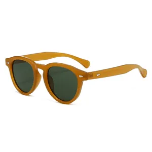 Vintage runde Sonnenbrille für Damen und Herren, klassisches Bernstein-Design mit dunklen Gläsern.
