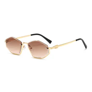 Stylish women's gradient brown polygonal sunglasses with gold metal frames for daily wear.