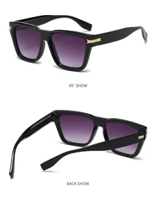 Lunettes de soleil carrées noires classiques avec verres dégradés violets et charnière dorée.