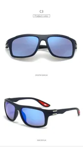 Men's sports sunglasses with colorful reflective lenses and stylish dark frames for outdoor wear.