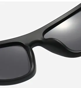 Close up view of stylish matte black sunglasses frame and dark tinted lenses detail.