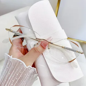 Randlose Anti-Blaulicht Lesebrille Für Damen Metall Harz Strass Glitzer Ovaler Diamantschliff Elegante Brille