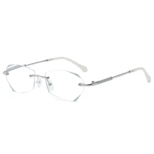 Schicke Damen rahmenlose Blaulichtfilter Lesebrille mit stilvollen silbernen Glitzer-Bügeln.