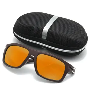 Men's stylish sports sunglasses featuring vibrant orange lenses and black hard protective case.