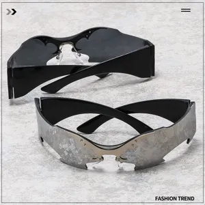 Cyberpunk futuristic hip-hop one-piece sunglasses, silver and black bat wing unisex shades.