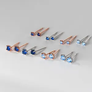925 Sterlingsilber Blauer Strass Ohrstecker Vier-Zacken-Fassung Minimalistischer Modeschmuck Zubehör Für Damen Geschenk