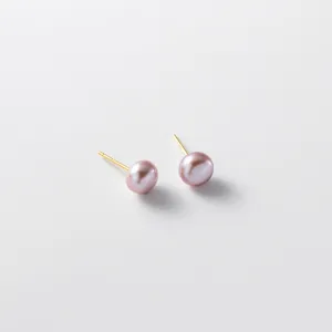 Elegant purple pink pearl stud earrings, minimalist French style gold plated daily jewelry.