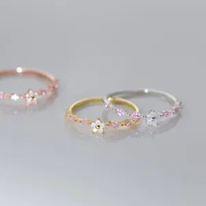 Delicate S925 sterling silver pink crystal flower ring sweet minimalist hand jewelry.