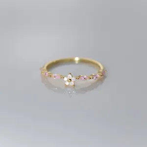 Detailed view of S925 sterling silver pink crystal cherry blossom flower ring for daily wear.