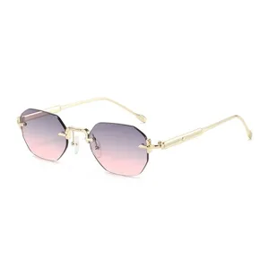 Chic rimless gradient sunglasses for women, luxury metal thick temple sun glasses stylish.