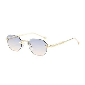 Chic gradient rimless sunglasses for women and men, luxury gold metal frame, modern style.