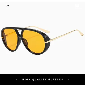 Vintage double bridge aviator sunglasses featuring yellow lenses and thick black frames for women.