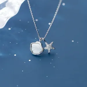 925 Sterlingsilber Meeresmuschel Seestern Halskette Für Damen Glänzender Strass Zierliches Koreanisches Ozean Stil Collier Schmuck Geschenk