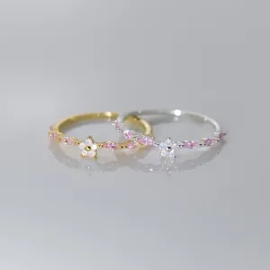 S925 sterling silver cherry blossom pink crystal ring sweet style floral finger jewelry detail