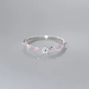 S925 sterling silver pink stone flower ring sweet fresh minimalist jewelry for women daily wear