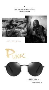 Lunettes de soleil polarisees retro pour hommes, monture ronde metallique style punk.