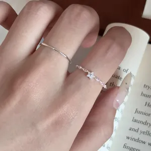 S925 sterling silver pink crystal flower ring minimalist sweet fashion cute jewelry accessory