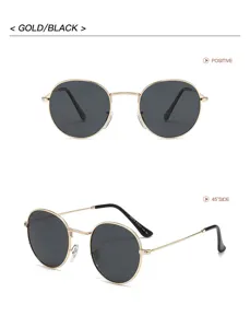 Lunettes de soleil polarisées rondes rétro classiques avec monture en métal doré et verres noirs.