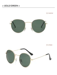 Vue détaillée de lunettes de soleil rondes en métal doré avec verres vert foncé et double pont.