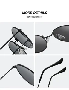 Vues détaillées de lunettes de soleil rondes rétro en métal avec montures en acier inoxydable.