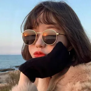 Lunettes de Soleil Polarisées Rondes Vintage 3447 Hommes Femmes Retro Punk Hip Hop Monture Acier Inoxydable Protection UV400