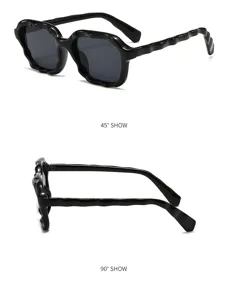 Detailed view of black wavy frame sunglasses, showing unique design and profile.