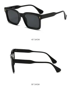 Black square sunglasses detail showing 45 and 90 degree angles with gold rivet accents.