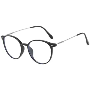 Occhiali tondi eleganti con filtro luce blu, montatura nera e stanghette in metallo.