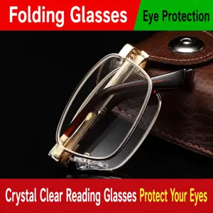 Gafas de lectura plegables para personas mayores con montura metálica y lentes claras.