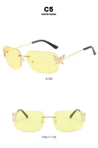 Fashion rimless sunglasses for women and men, featuring gradient yellow lenses and rhinestones.