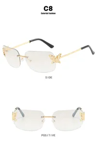 Rimless gradient sunglasses for women, trendy crystal butterfly metal frame eyewear, UV protection.