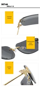 Rimless sunglasses detail display featuring comfortable nose support, curved metal legs and butterfly decor.