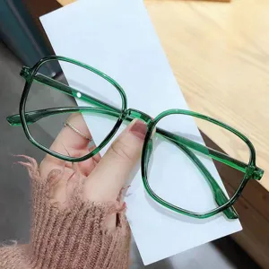 Montura de gafas cuadrada verde transparente grande para mujer con filtro luz azul