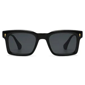 Classic black square sunglasses with thick acetate frames and stylish gold details.