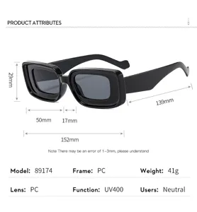 Vista detallada de las dimensiones exactas y especificaciones de gafas de sol.