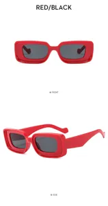 Gafas de sol rojas con lentes negras, diseño rectangular elegante para un look moderno.