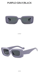 Vista detallada de gafas de sol de moda moradas con montura cóncava y lentes grises, elegante.