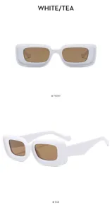 Vista detallada de gafas de sol modernas con montura blanca gruesa y lentes color té, frente y lado.