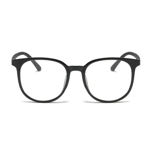 Vista detallada de la elegante montura de gafas negra con gran diseño redondo para uso diario.