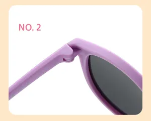 Close-up detail of children purple silicone sunglasses hinge, soft and safe design.