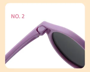 Kids sunglasses detail view showing flexible purple frame hinge and UV protection polarized lens.