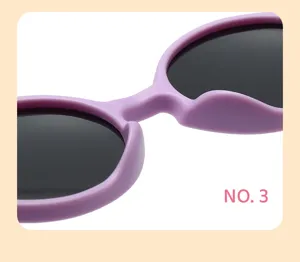 Detailed view of cute lavender kids sunglasses, UV protection polarized lenses, 0-3y baby.